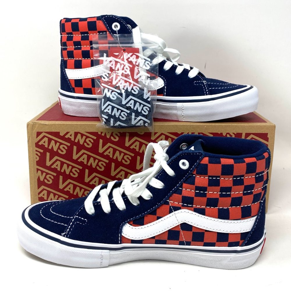 VANS Sk8-Hi Pro Checkerboard Navy Red Suede Canvas Shoes Womens Size VN000VHGW7E - Picture 4 of 10